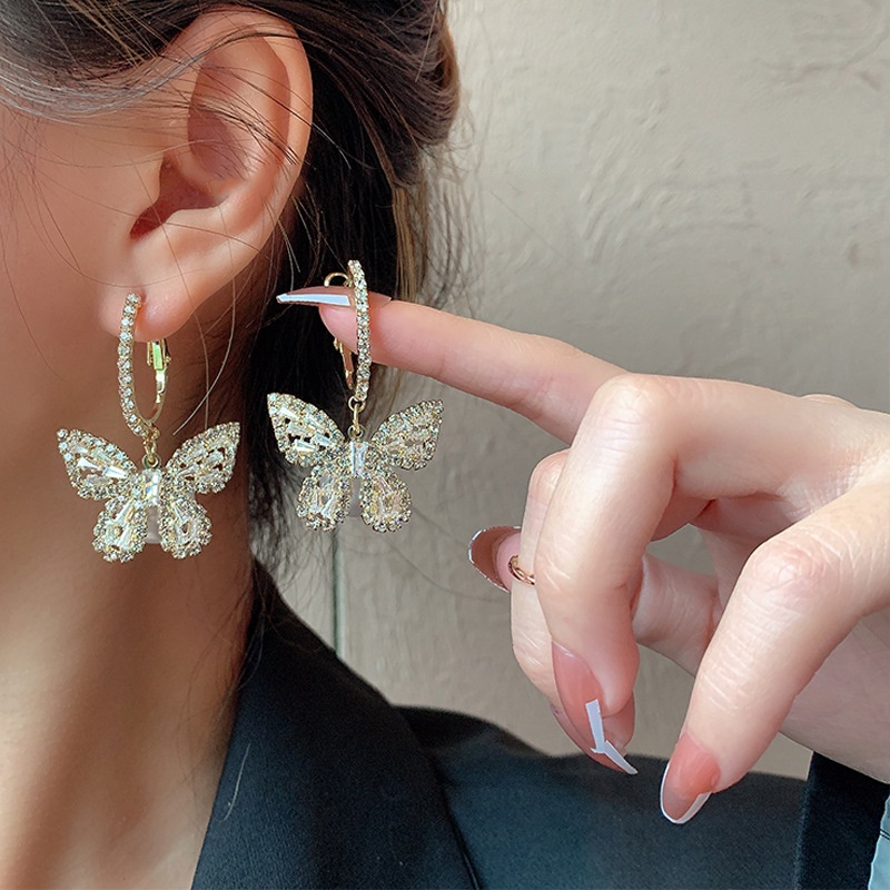 [Trendy Vintage Zircon Butterfly Pendant Earrings ] [Women Bridal Wedding Drop Earrings] [Ladies Elegant Long Dangle Earrings]