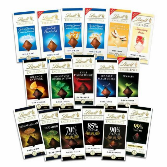 

LINDT EXCELLENCE Dark Chocolate Coklat Import Cacao Noir Absolute 100g Cocoa Orange Mint Sea Salt Creamy Milk 35g Hazelnut Raspberry Creme Brulee Fondant Blueberry Lavender Salted Caramel Mousse Plum Rum Strawberry Pepper Pistachio Mocca Cinnamon Speculas