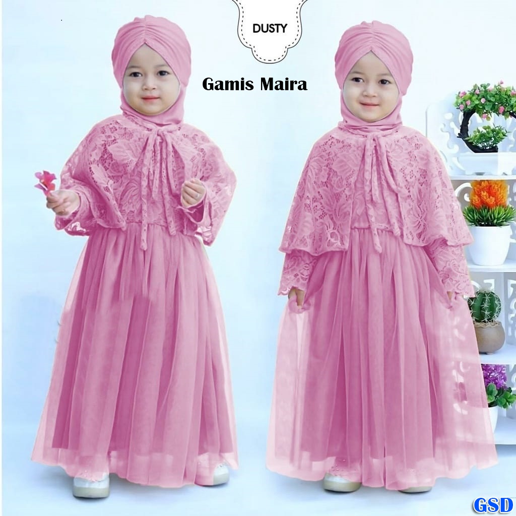 Gamis Maira Kids/ Baju Gamis Syari Anak + Cardi Brukat Tali ikat Usia 3-5 Tahun/Pakaian Kondangan Anak/Baju Lebaran Mewah Elegant Murah