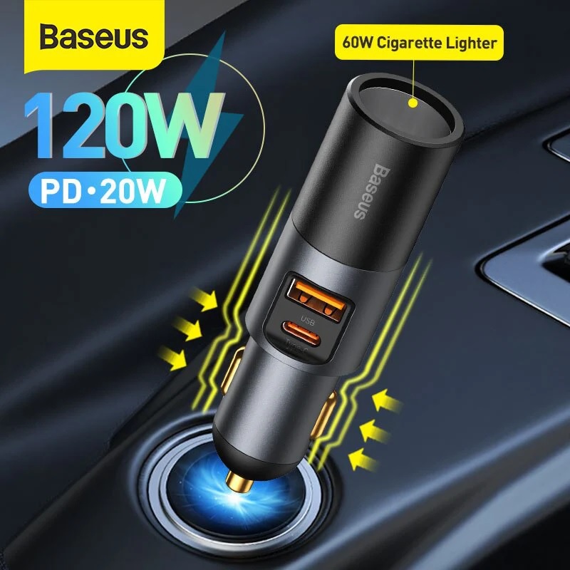 Baseus Original Car Charger Share Together 120W with Lighter Pemantik Korek USB Type C Output Casan Mobil Super Fast Charging Quick Charge Ori Saver