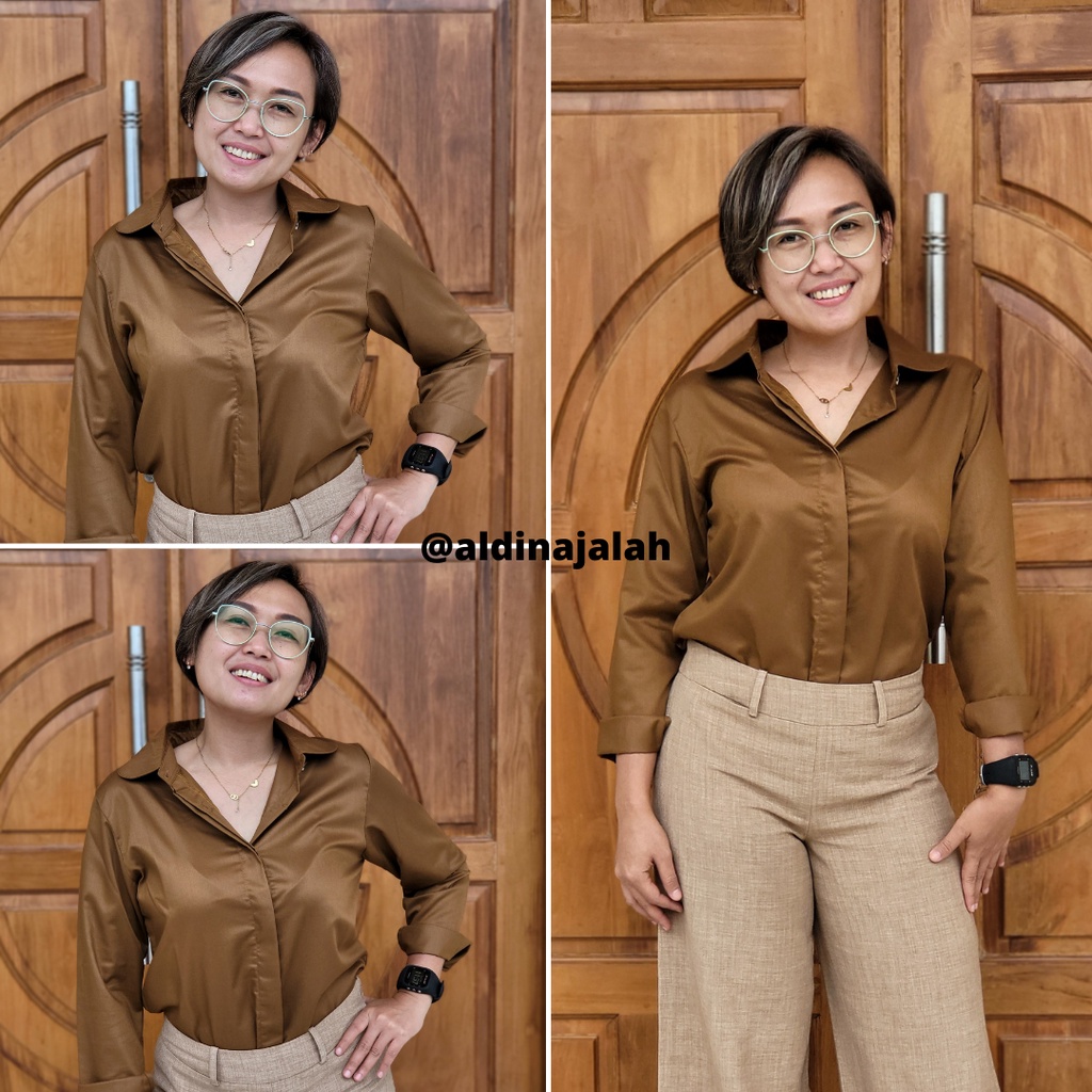Kemeja Kerja Wanita Bahan Toyobo Warna Mocca Lengan Panjang Motif Polos