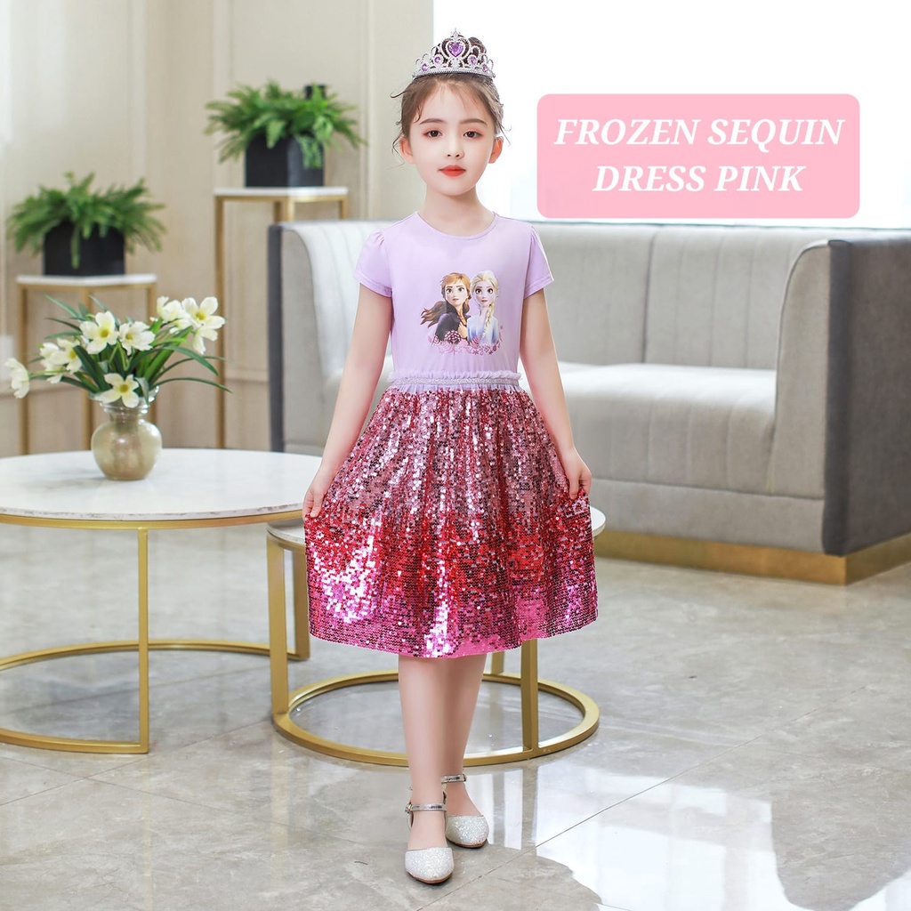 BAJUKIDDIE FROZEN SEQUIN DRESS PINK BAJU ELSA ANNA CASUAL KOREA IMPORT GAUN SANTAI DAILY