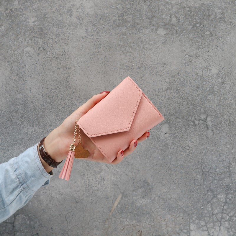 (8 WARNA, 1KG muat 15pcs) Dompet Kecil Polos Lipat Cewek Korea Gantungan GROSIR Lomenia LOD013-Pink