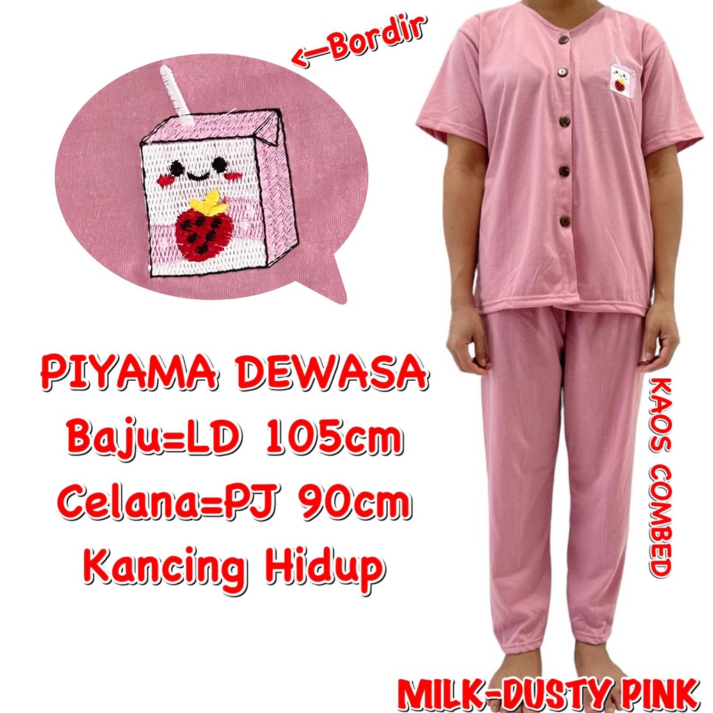 (1 KG MUAT 3 STEL) BAJU TIDUR DEWASA PEREMPUAN PIYAMA KAOS CP KANCING BORDIR DUSTY PINK MILK/SUSU STRAWBERRY