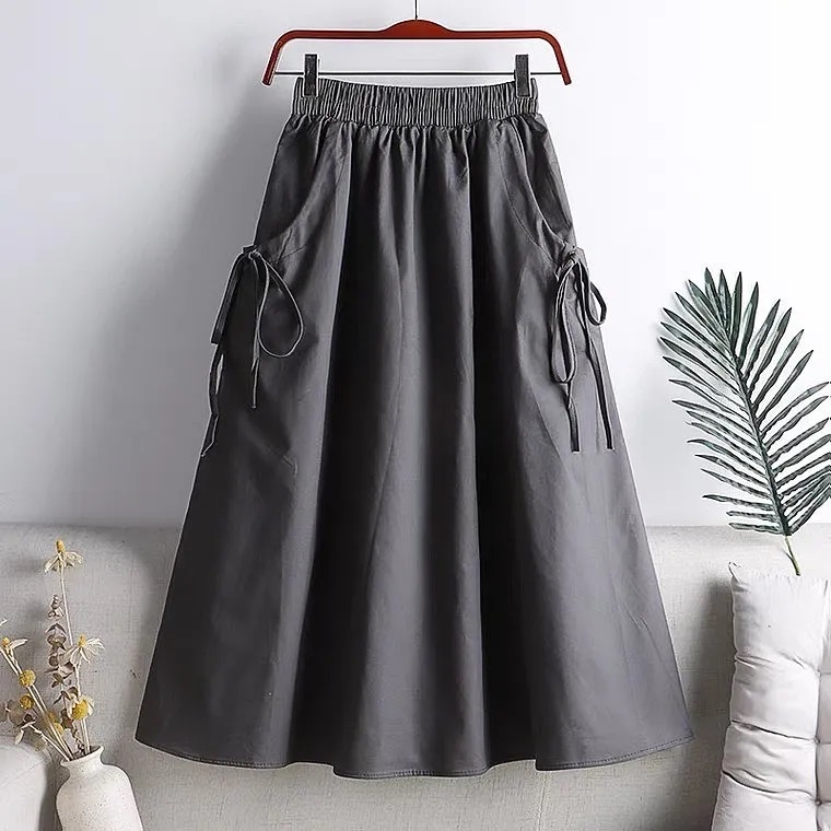 Rok Wanita Kekinian Korean Style Daniela Skirt Bahan Linen Rok Jumbo Panjang Saku Rok Wanita Casual Hitam Putih Mocca Grey