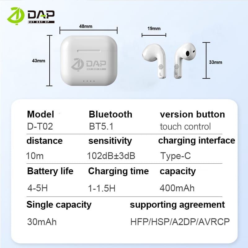 DAP Earphone Airbuds D-T02 Waterproof IPX4 Semi-In-Ear TWS True