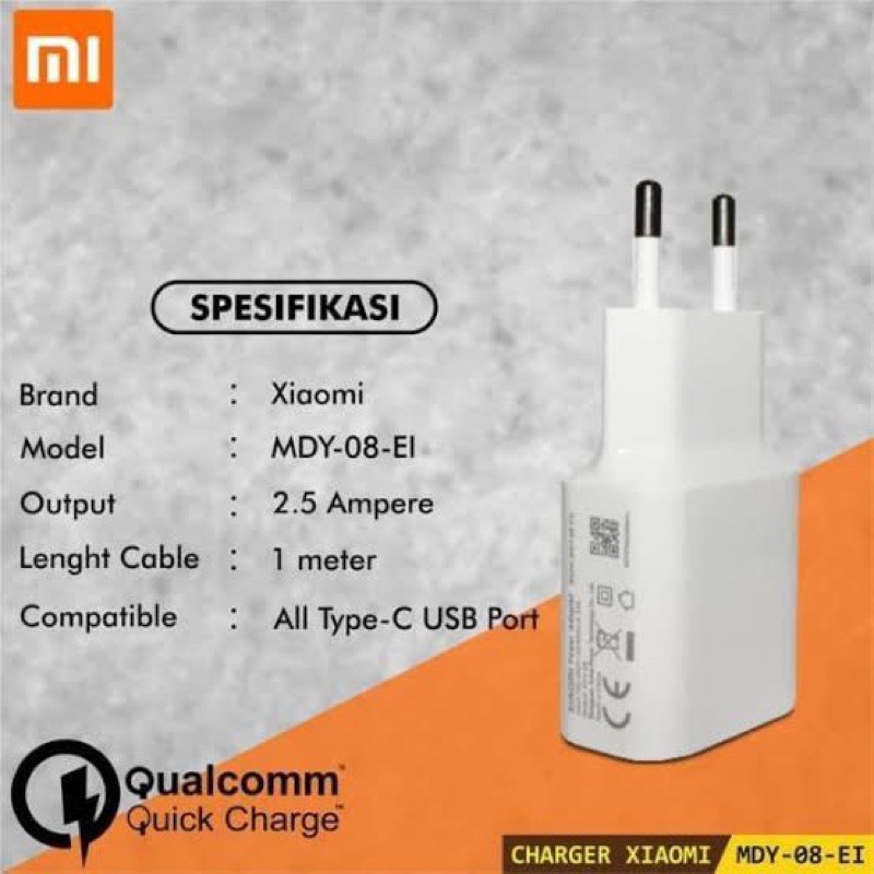 Original Charger Xiaomi Type C Tipe C MDY08EI FAST CHARGING QUALCOMM 3A NOTE 7 8 9 POCO