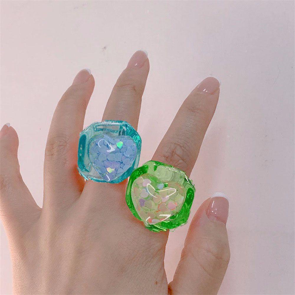 Mxbeauty Cincin Wanita Gadis Korea Cinta Hati Transparan Resin Akrilik Chunky Fashion Perhiasan