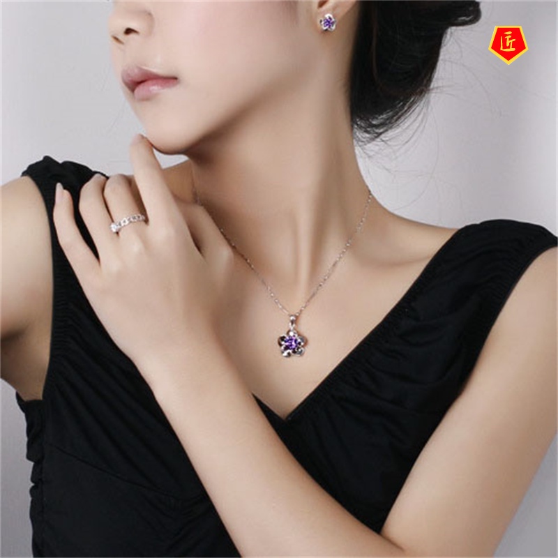 [Ready Stock]Silver Necklace Women's Plum Crystal Pendant Simple Fashion Elegant