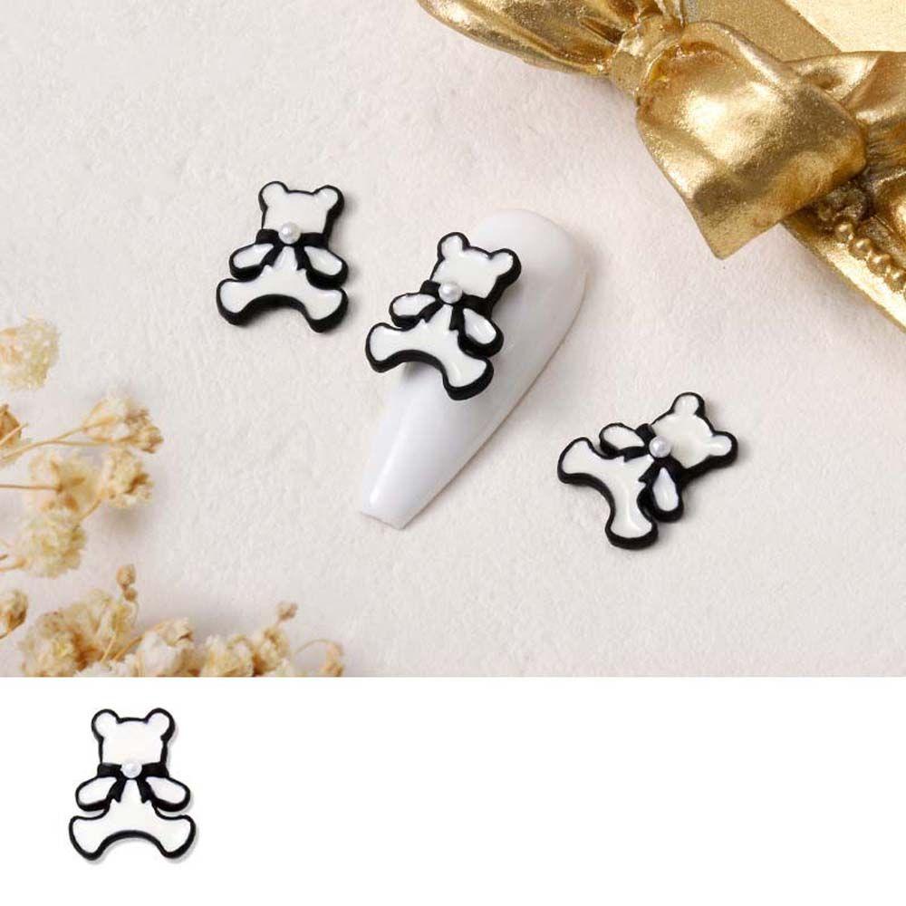 Mxbeauty Bears Nail Art Dekorasi Fashion Bor Kuku Hitam Putih Alloy 3D Perhiasan Kuku