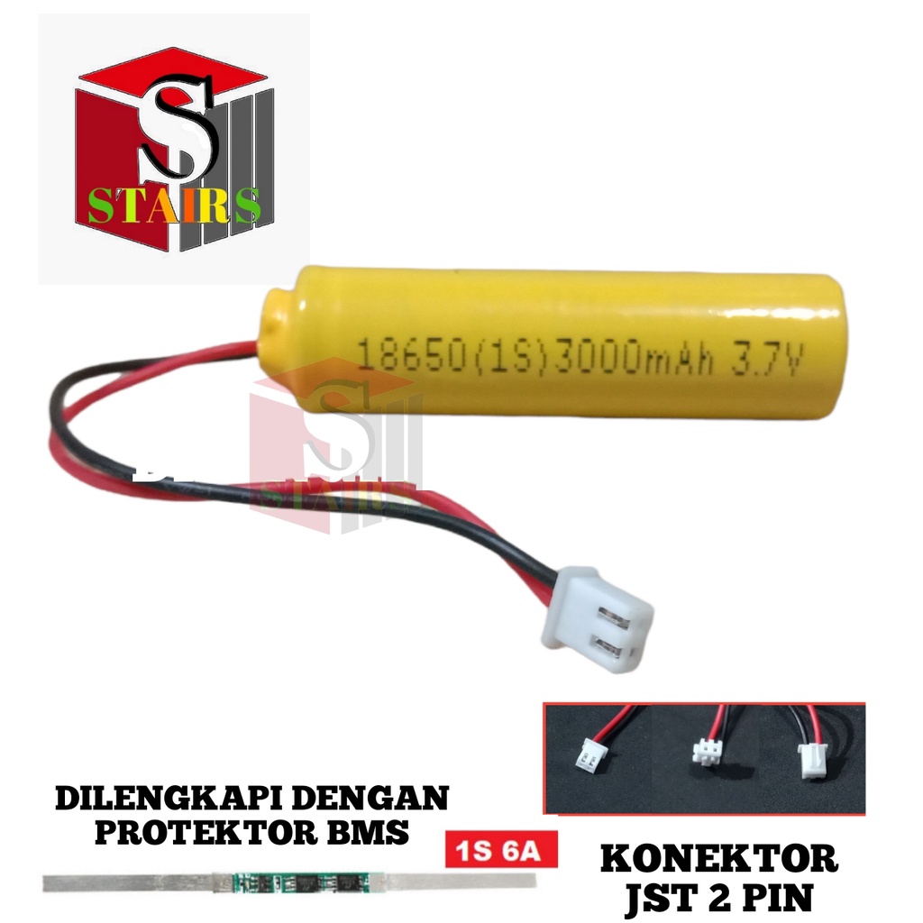 Baterai RC / Baterai Speaker /Baterai Elektrinik Lainnya 1x 18650-1S 3000mAh 3,7V Protektor BMS 6A Konektorj JST 2 PIN PUTIH