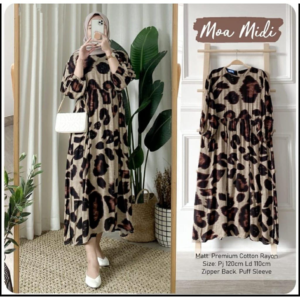 MOA MIDI DRESS GAMIS KATUN RAYON PREMIUM / GAMIS MOTIF LEOPARD / DRESS MOTIF MACAN / OUTFIT CASUAL O