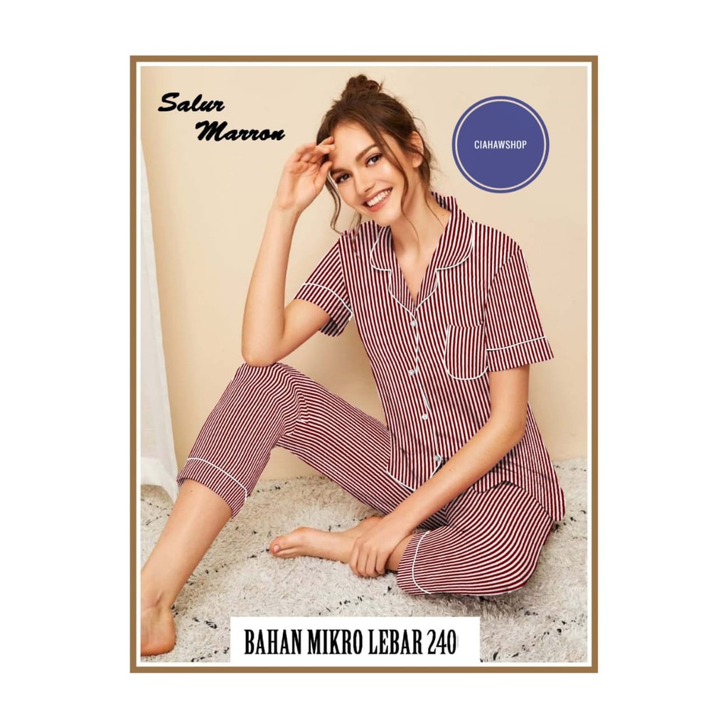 CIAHAW Baju Tidur Piyama Wanita  Model HP Salur/Pakaian Baju Tidur Piyama