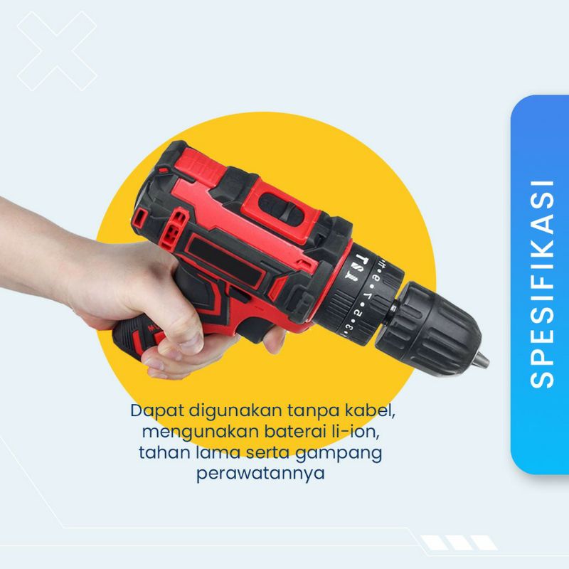 Mesin Bor Tangan Cordless 12 Volt Baterai Wireless Tanpa Kabel Lengkap dengan 10 Mata Bor 2 Pengatur
