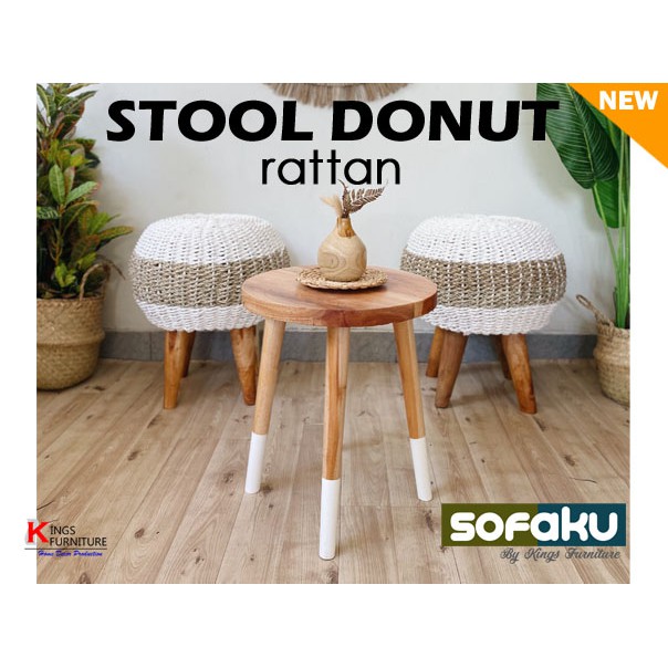 DONUT Stool Rattan - Bangku Stool Kecil Bulat Rotan Kaki Kayu Estetik