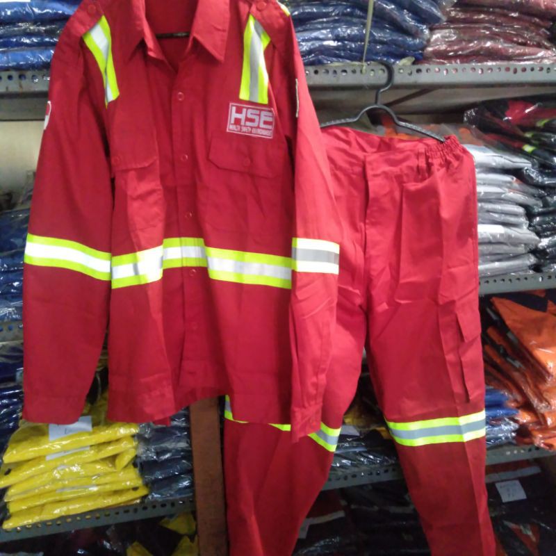 SERAGAM SETELAN MERAH HSE SAFETY SCOTLIGHT HIJAU 5CM FREE LOGO K3 BENDERA KAIN TEBAL ADEM