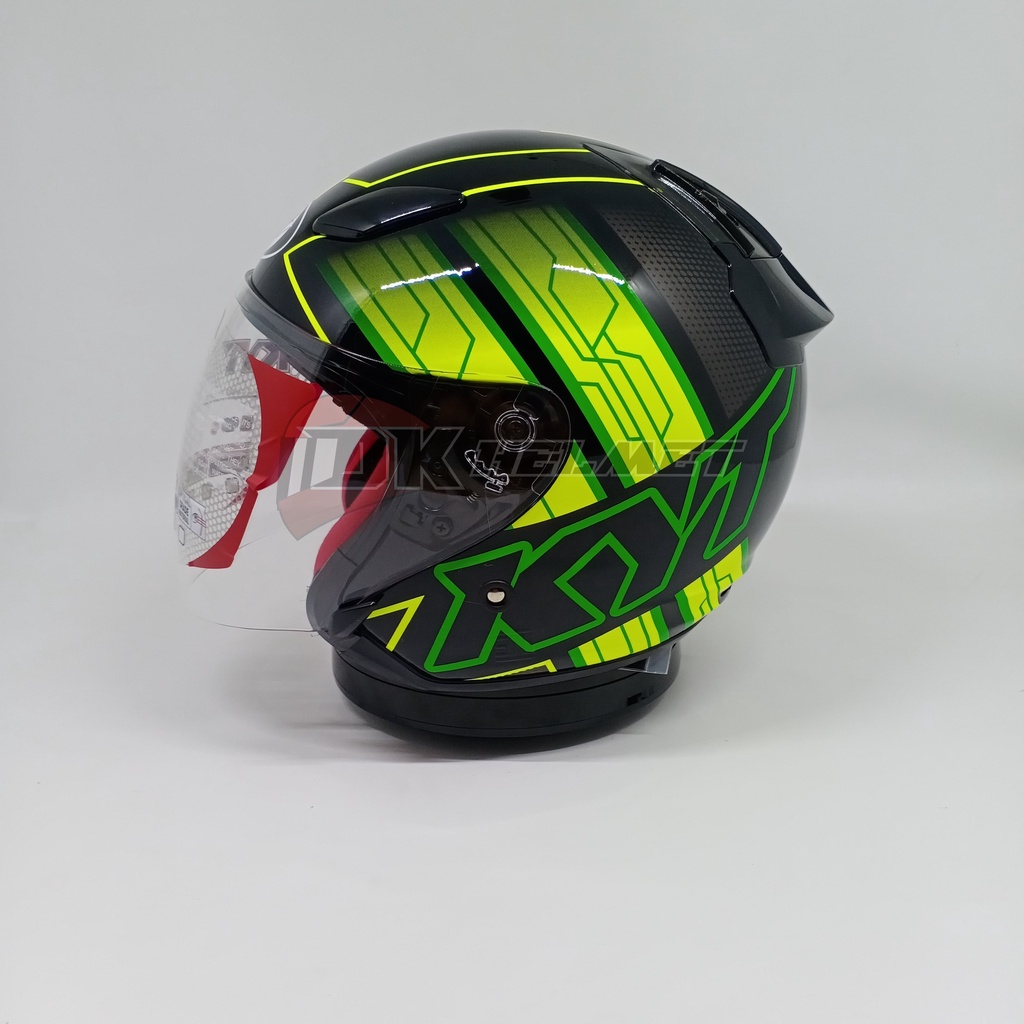 Helm Half Face KYT DJ Maru Motif Seri 14 Black Yellow Fluo Green Fluo Warna Hijau Stabilo Hitam Orig