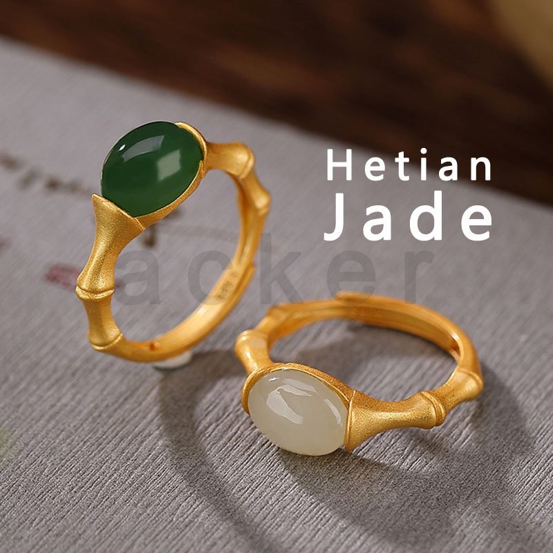 Cincin Bahan Bambu Giok Hetian Alami Gaya vintage Untuk Wanita