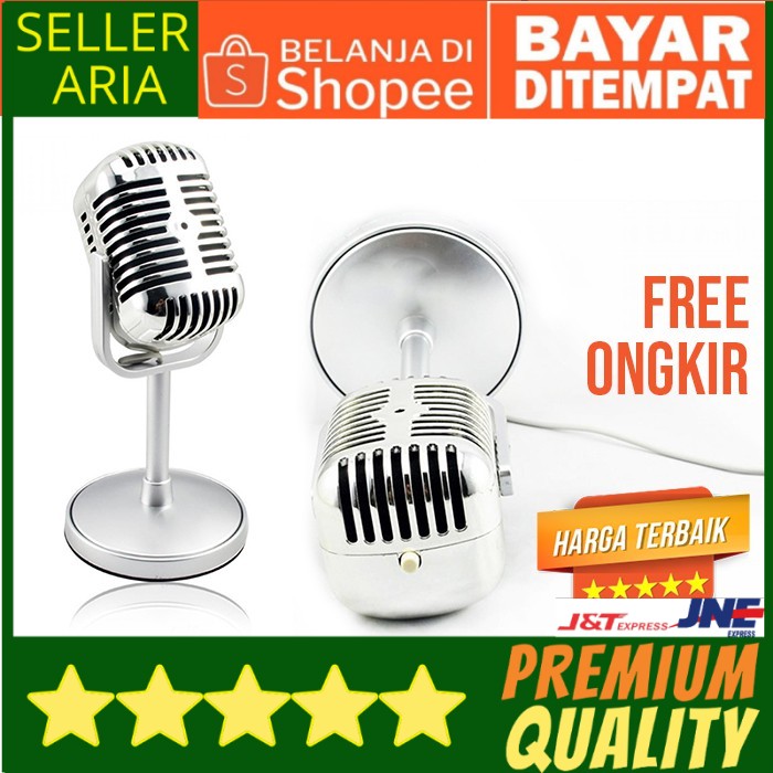 MICROPHONE CONDENSER SILVER KLASIK RETRO MIC KARAOKE VLOG 180 DERAJAT MIKROFON MODEL JADUL LAWAS MIK