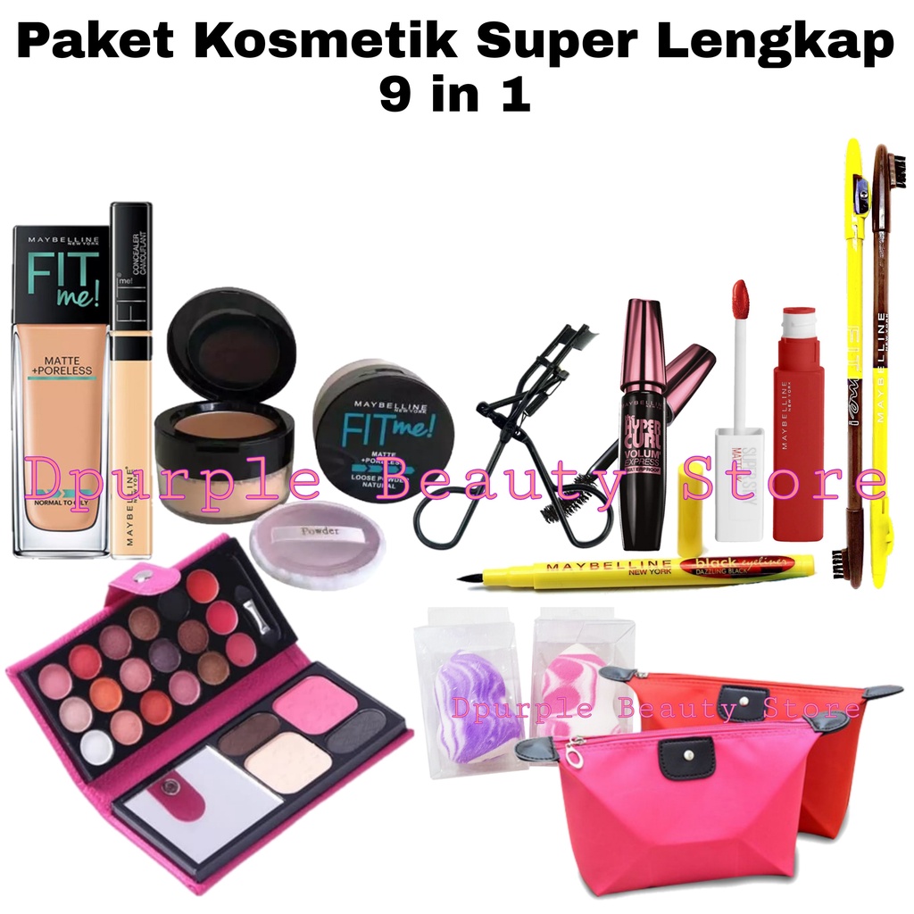 Paket Kosmetik Maybelline Lengkap Murah 9 In 1 - Paket Makeup Maybelline Lengkap Murah 9 In 1 - Bedak - Foundation + Concealer - Maskara - Eyeliner - Lipcream - Eyeshadow - Pensil Alis - Penjepit Bulu Mata Gratis Tas Kosmetik Pouch - Gratis Beauty Blender