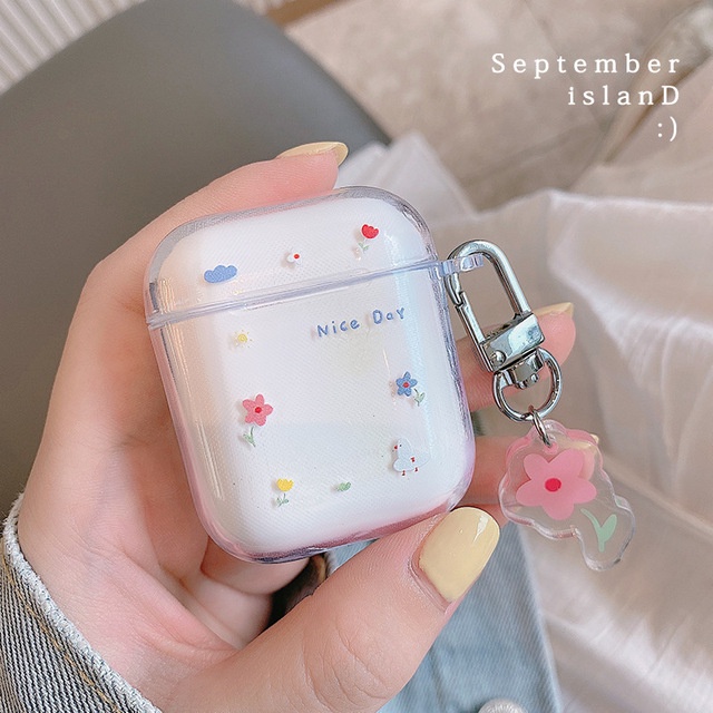 Case Bening AirPods 1 2 i12 Casing Pelindung Earphone Transparan Motif Bunga Gantungan Kunci