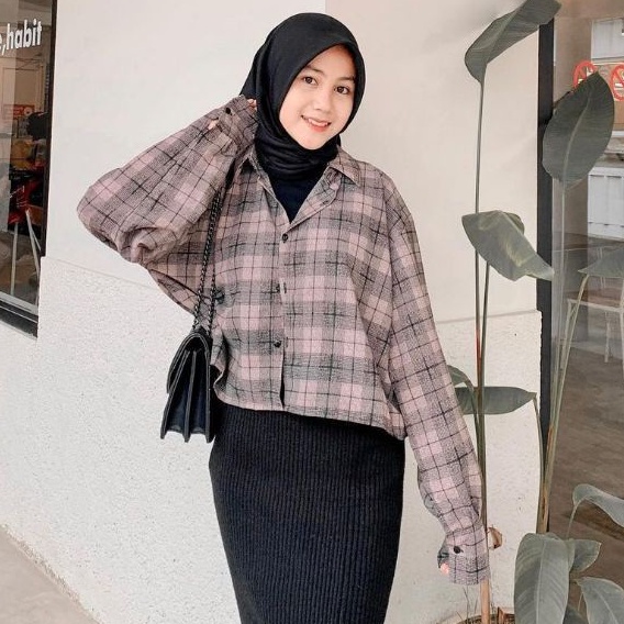 BLOUSE KEMEJA CROP TARTAN WANITA / KAMEJA TARTAN OVERSIZE / KEMEJA PUTIH POLOS / ATASAN KEMEJA KOTAK KOTAK BLOUSE CROP TOP OUTER OVERSIZE WANITA LENGAN PANJANG BALON MOTIF TARTAN PLAIN PLAID CROP