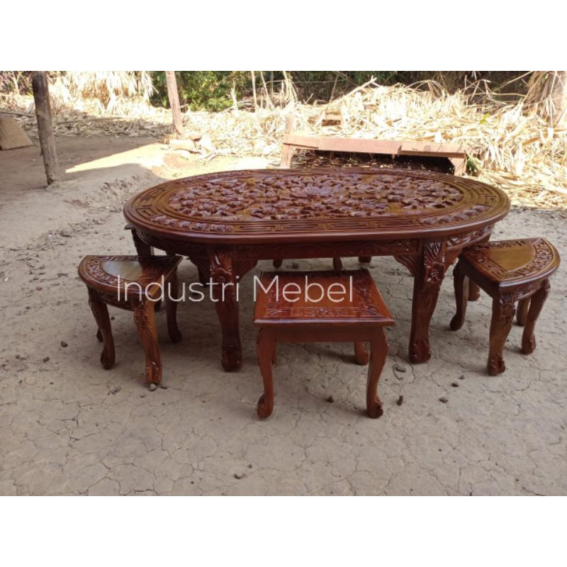 Satu Set Kursi Meja Makan Osin Ukiran Kayu Jati Tua - Meja Caffe Table Jepara
