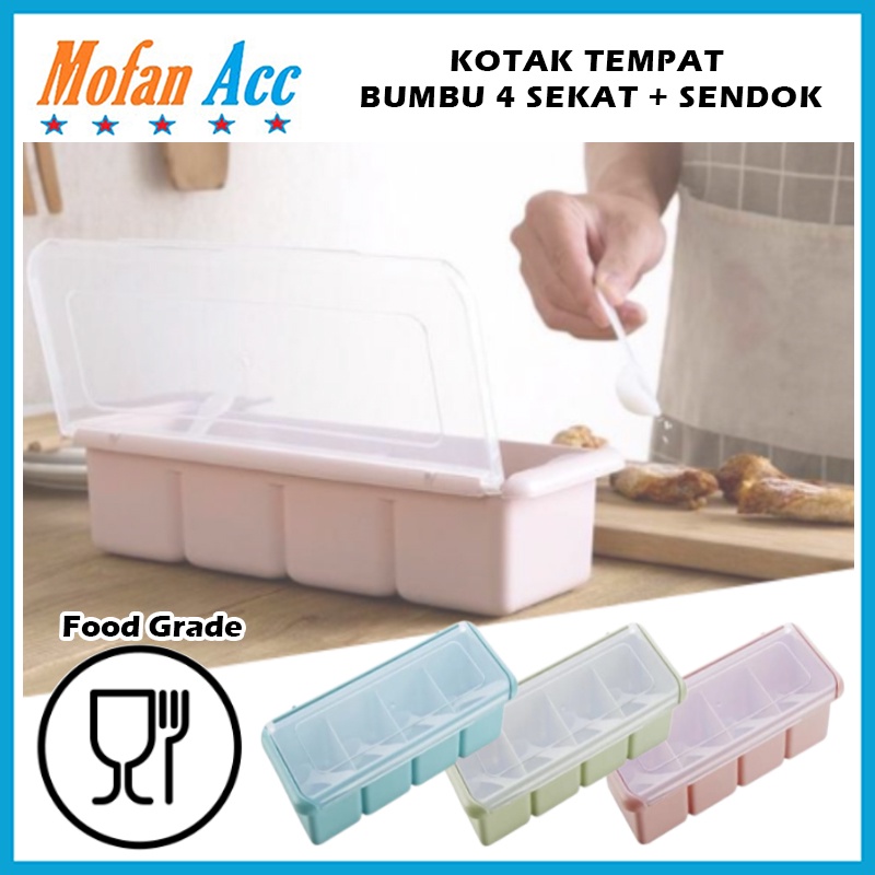Tempat Bumbu Dapur Panjang 4 Sekat FREE Sendok / Kotak Wadah Penyimpanan Gula Garam Micin Lada Seaso