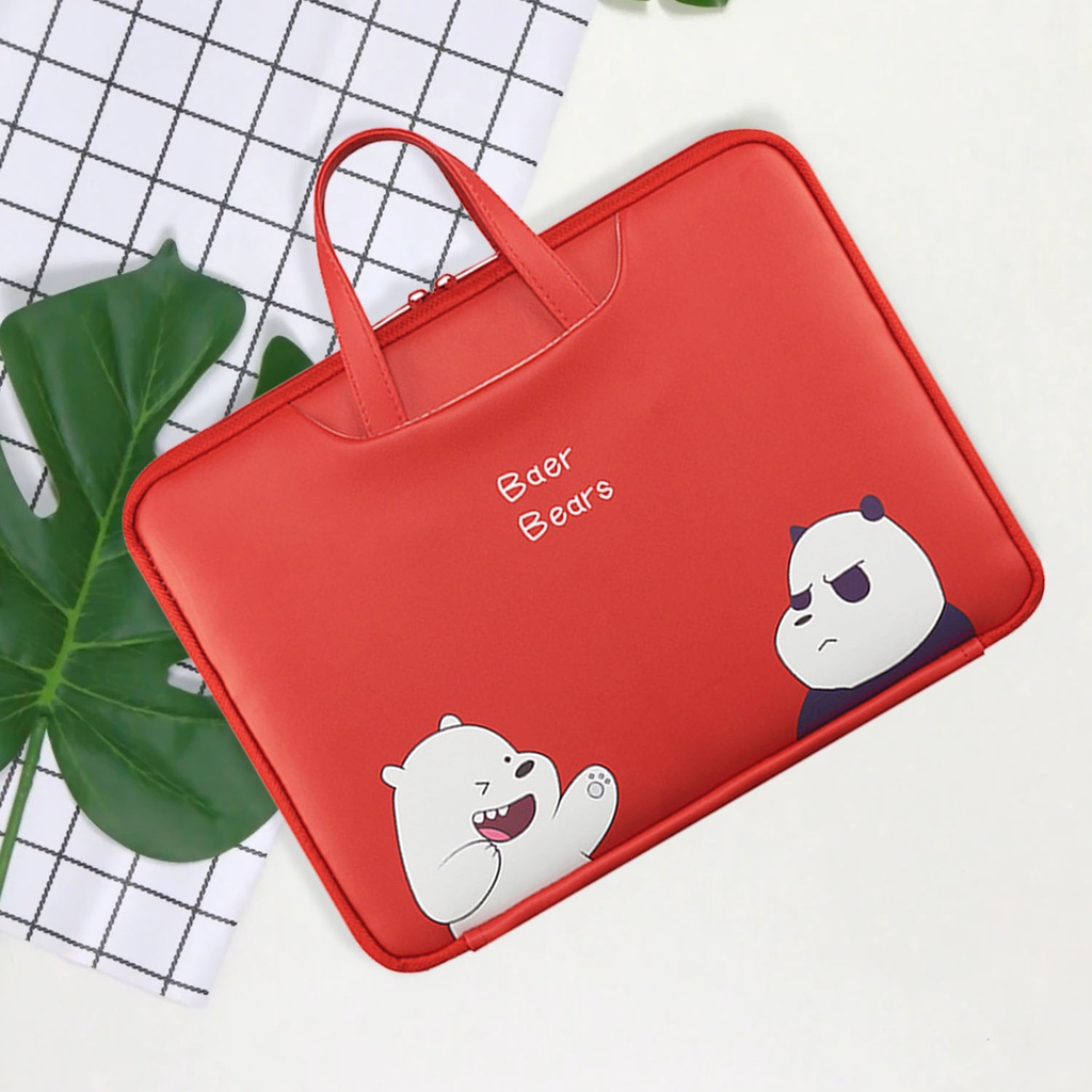 Sleeve Pouch Sarung Tas Bag Case Ipad Tab Tablet Macbook Air Pro Laptop Asus Acer Lenovo HP Huawei 11 12 13 14 15 inch Motif Gambar Bear Beruang Panda Warna Merah Lucu Cute Murah Korean Model Jinjing Tali Strap