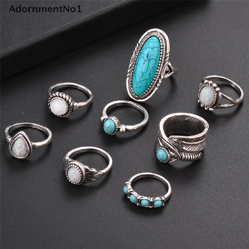 (AdornmentNo1) 8pcs / Set Cincin Silver Gaya Bohemian Aksen Batu Opal Turquoise Untuk Perhiasan Wanita