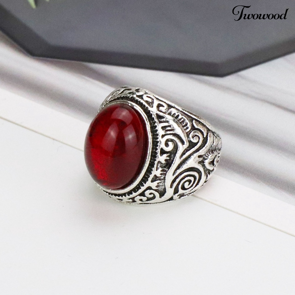 Twowood Carved Rock Style Men Ring Alloy Red Faux Gem Finger Ring Jewelry Accessaries