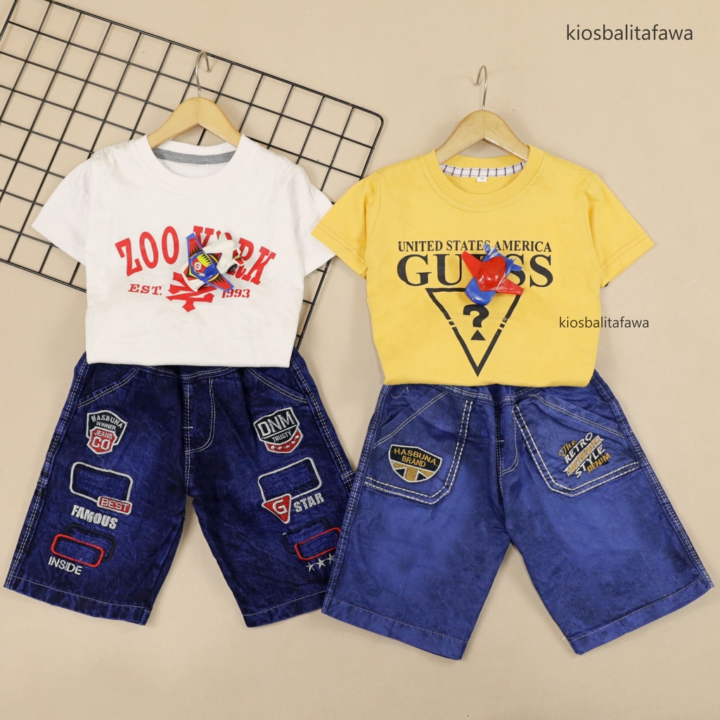 Setelan Vino uk 1-6 Tahun / Set Disro Lengan Pendek Celana Jeans Kantong Anak Laki-Laki Babycinnamon