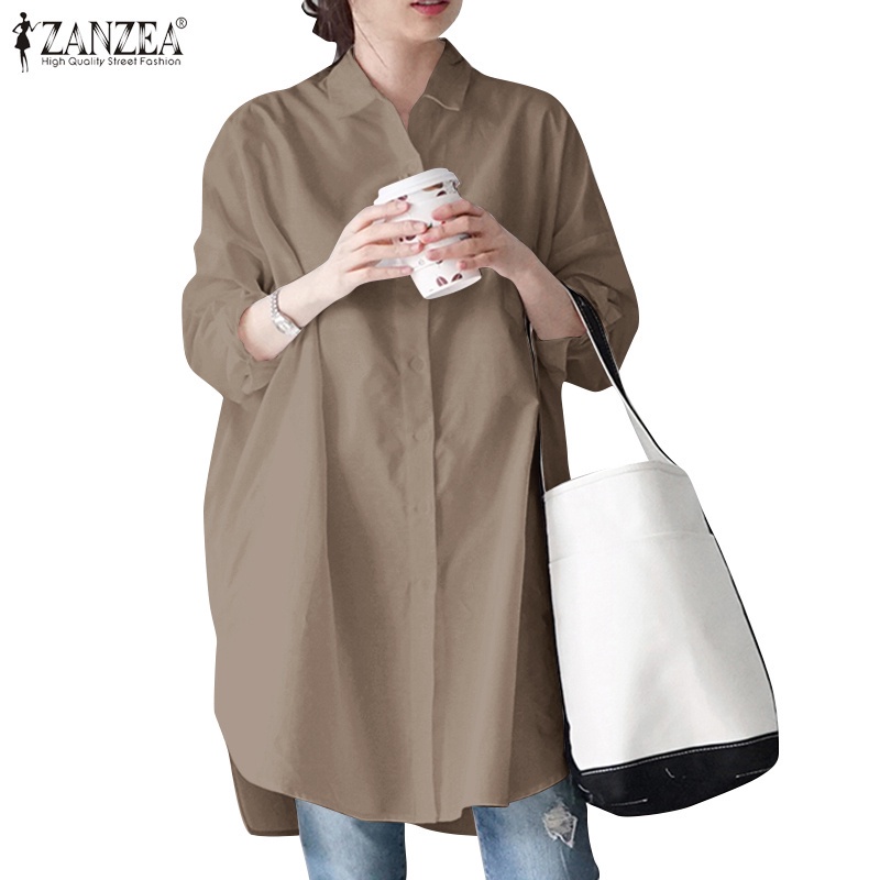 ZANZEA Women Korean Style Vintage Casual Collared Button Down 3/4 Sleeve Solid Color Blouse