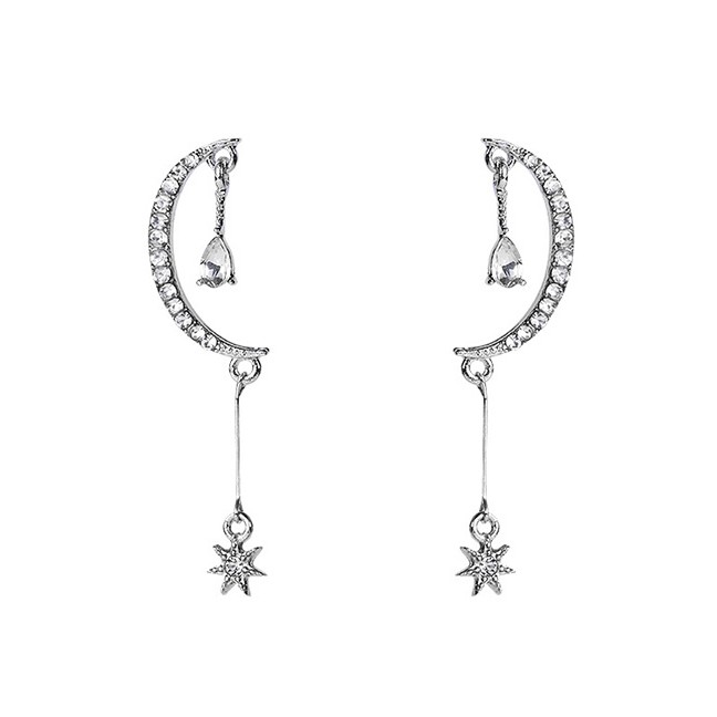 LRC Anting Tusuk Fashion Silver S925 Silver Pin Studded Star Moon Symmetrical Earrings F52415