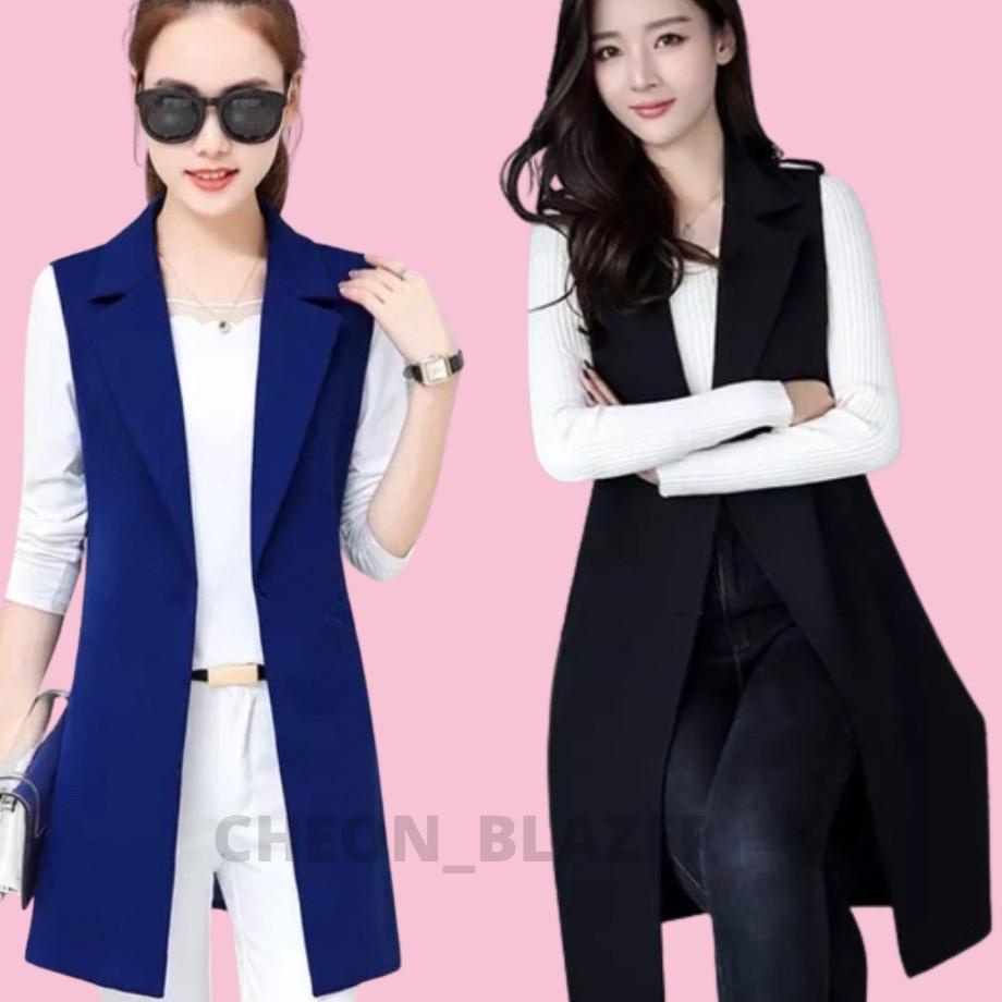 Lagi Tren.. Jaket Rompi Blazer Blezer Long Panjang Wanita Cewek Cewe Perempuan Tanpa Lengan Korea Ke