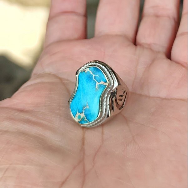 Cincin Batu Akik Natural Pirus Biru Nevada Motif Terompa