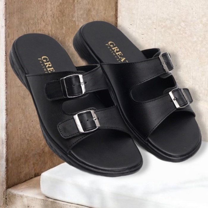 MOZZA BLACK (KULIT ASLI) |ManNeedMe x GREATA| Sandal Pria Casual Sendal Slip On Kulit ORIGINAL