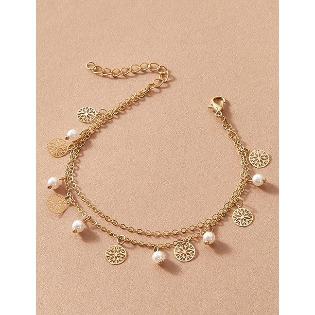 LRC Gelang Tangan Fashion Golden Pearl Round Hollow Flower Tassel Anklet Set P06531