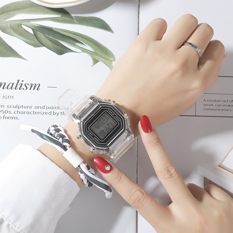 MURMURE.ID | JAM TANGAN RUBBER DIGITAL UNTUK PRIA WANITA PERSEGI TRANSPARAN BENING IMPORT FW006-HITAM