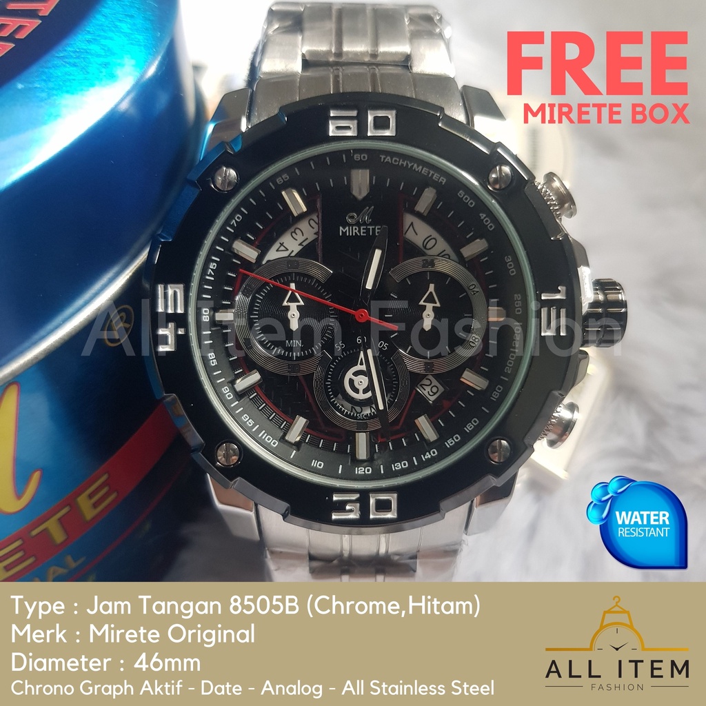 Jam Tangan Chrono Rantai MIRETE 8505B / Jam Tangan Pria Anti Air ORI / Arloji / Watches (FREE BOX)