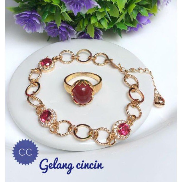(NOV) Set Perhiasan Lapis Emas Xuping Gelang Cincin Batu Rubi Permata Merah Gold Mewah Titanium