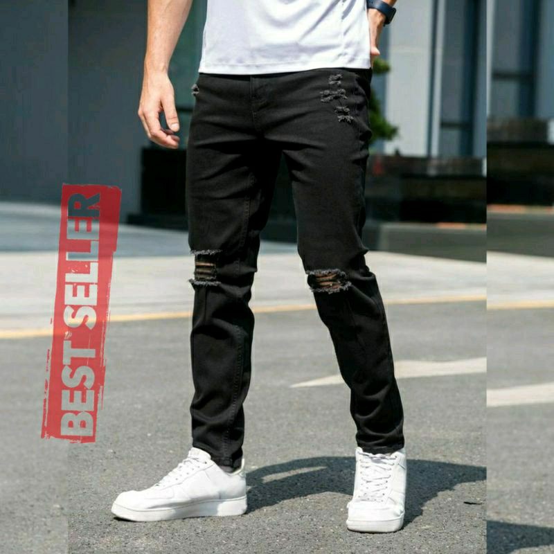 CELANA JEANS SOBEK PRIA RIPPED ROBEK SLIMFIT PENSIL SKINNY STRETCH HITAM PREMIUM 27-38