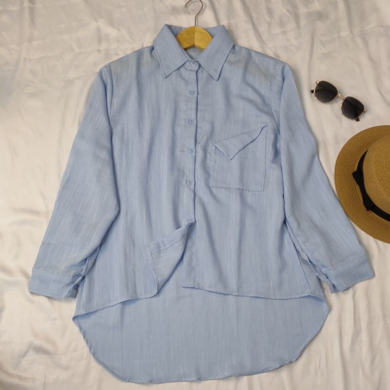 Saku Kemeja Wanita/Blus kemeja linen 2021 Kualitas tinggi Wanita/Atasan wanita kantor Wanita chic lengan panjang-KMJ SAKU~BLUE