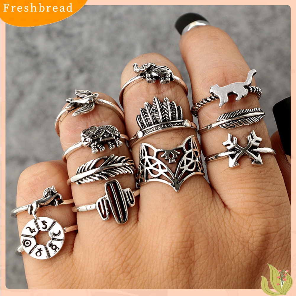 [TERLARIS]12Pcs/Set Leaf Fox Elephant Design Rings Lady Vintage Knuckle Midi Stacking Ring