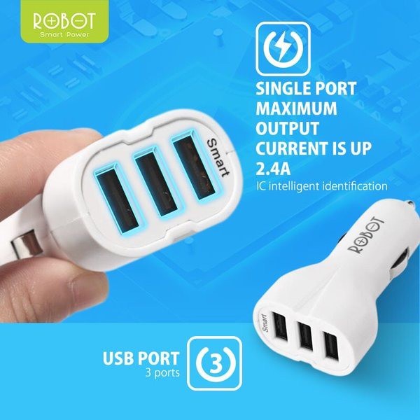 Robot RT-CC3S 3 USB Ports 5V 4.8A Car Charger Fast Charging Charger Mobil Smart Charger