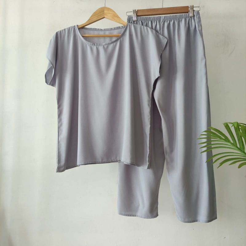 BAJU TIDUR POLOS PIYAMA POLOS CELANA PANJANG LENGAN PENDEK BAHAN RAYON babbydoll-POLOS BABY GREY