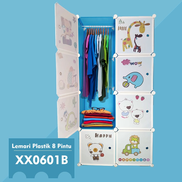 Lemari Pakaian 8 Pintu + Gantungan Baju lemari pakaian Portable Lemari Plastik Motif karakter WHFURNITURE