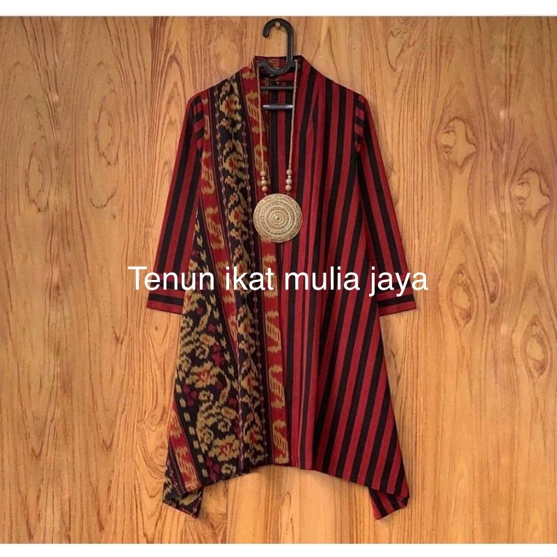 long outer cardigan batik tenun mix lurik maroon