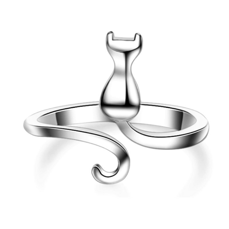 Cincin Handmade Adjustable Desain Kucing Warna Silver Untuk Wanita