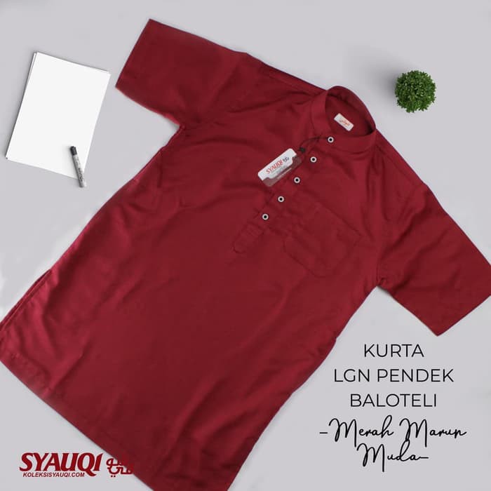 Kurta / Gamis Saudi Lengan Pendek Baloteli Polos Merah Marun - Maroon- XL